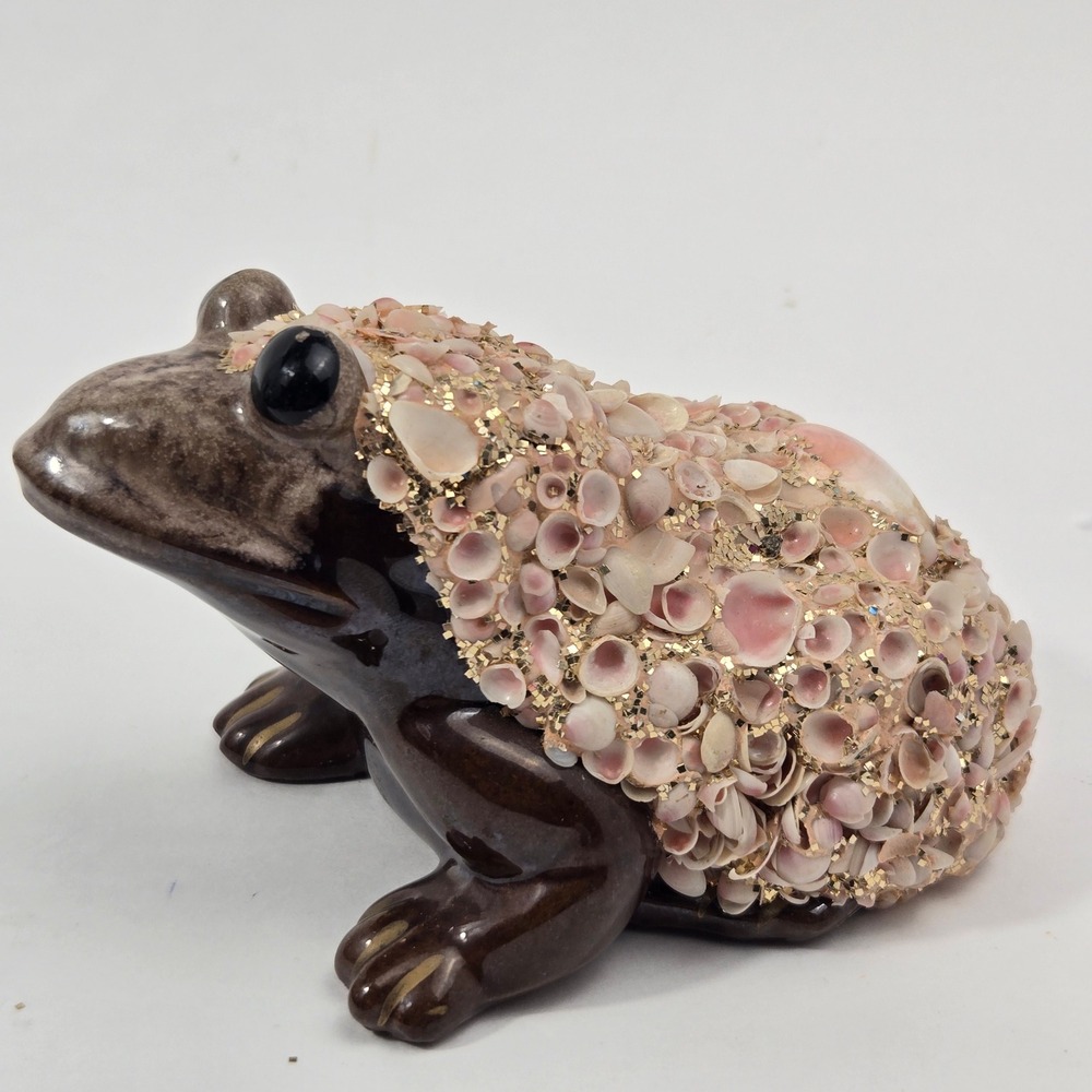 Vintage Kenmar Ceramic Frog Coin Bank Shell Encrusted Glitter Toad Figurine